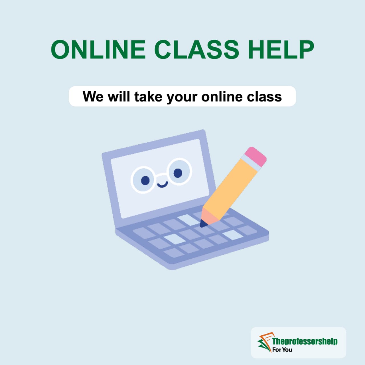 An illustration of the online class writing service, with a pencil aimed on a laptop
